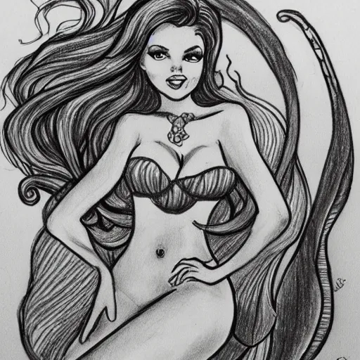 Image similar to mermaid pinup drawing. an octopus is in the background