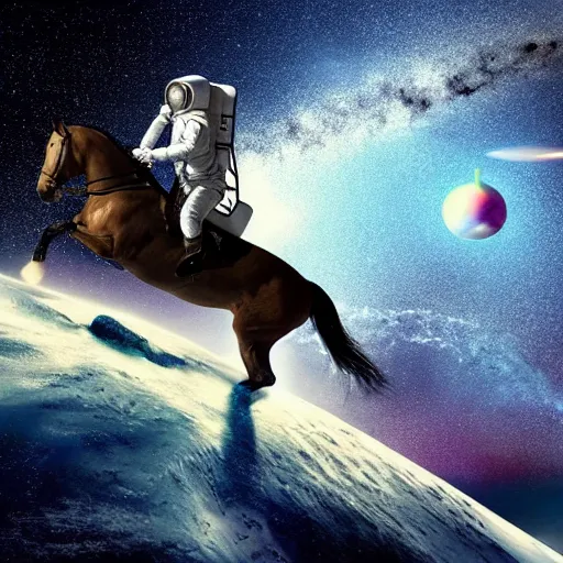 Prompt: photograph of an astronaut riding a horse on an asteroid, with a galaxy in the background