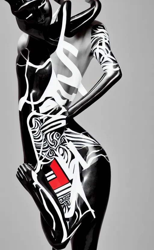 Image similar to extremely beautiful female black marble statue in the style of virgil abloh, colorful motocross logos behind her, sharp focus, clear, detailed,, cinematic, detailed, off white, glamourous, symmetrical, vogue, editorial, fashion, magazine shoot, glossy