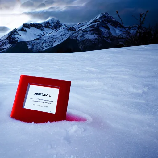 Prompt: an award - winning advertisement photo of a red musica vinyl stuck in the snow, with a snowy mountain and ice, drammatic lighting, sigma 5 0 mm, ƒ / 8, behance