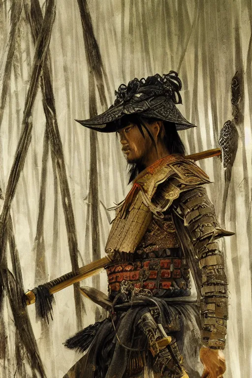 Image similar to close up of samurai warrior in a bamboo forest, by greg rutkowski, intricate details, highly detailed