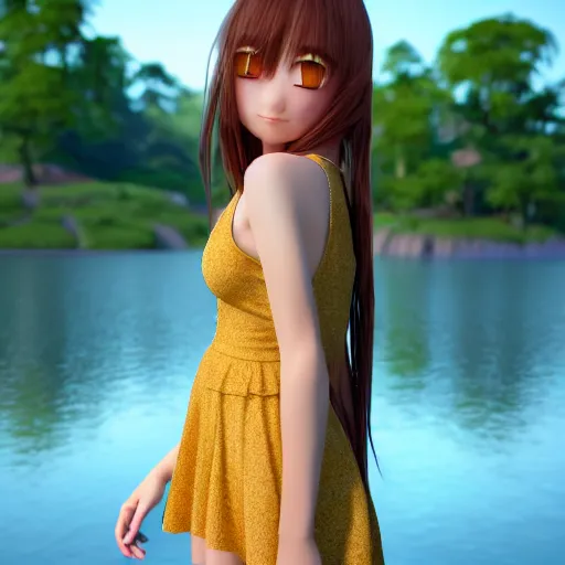 Image similar to Render of a very beautiful 3d anime girl, long hair, hazel eyes, cute freckles, full round face, short smile, cute sundress, golden hour, serene lake setting, medium shot, mid-shot, highly detailed, trending on Artstation, Unreal Engine 4k