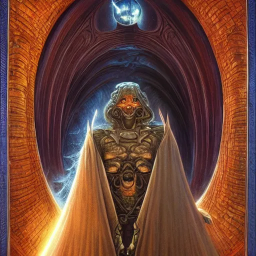 Prompt: The portal master tarot card by Tomasz Alen Kopera and Moebius, impressive perspective, masterpiece