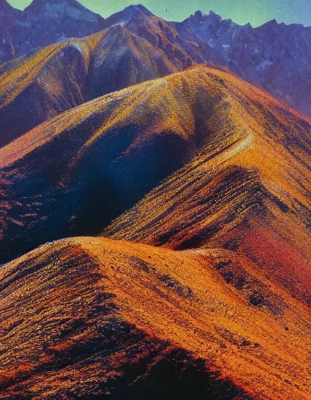 Image similar to vintage color photo of Cordillera De Los Andes covered in liquid gold reflecting light, 8k definition