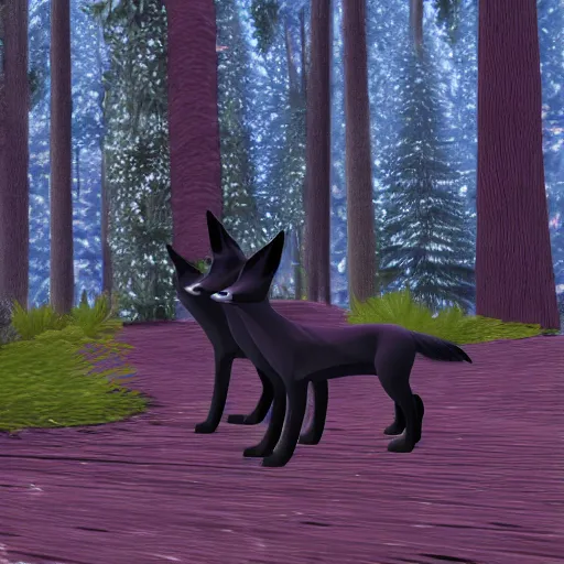 Image similar to second life in game screenshot of black foxes cuddling next to each other in a cozy forest, 4 k