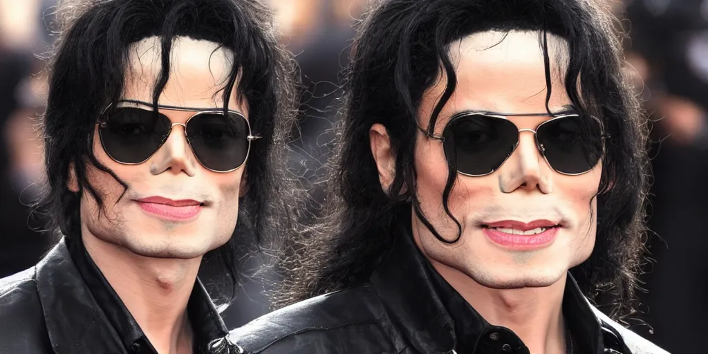 Image similar to michael jackson 2 0 0 9 style wearing shades, red carpet arrival, this is it style, photo real, pores, motion blur, solo, by himself, heroic pose, real life, spotted, ultra realistic face, accurate, 4 k, movie still, uhd, sharp, detailed, cinematic, render, modern