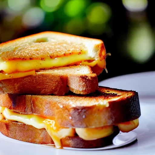 Prompt: A delicious grilled cheese on a plate, garnish, melted cheese, toasted bread, food photography, michelin star