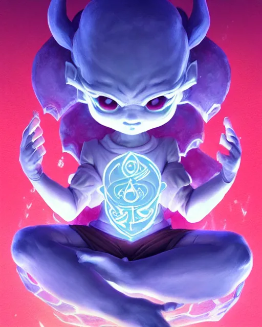 Image similar to a tiny adorable demon meditating, wrapped in sacred parchment with glowing text, smooth, intricate, elegant, digital painting, artstation, power runes, pulsing energy, concept art, sharp focus, octane render, illustration, art by shintaro kago and james jean, overwatch character,