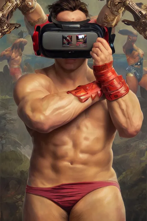 Prompt: painting of a wrestler character wearing vr goggles, shrugging arms, ultra realistic, sharp details, subsurface scattering, intricate details, warm lighting, highly detailed, photorealistic, octane render, 8 k, unreal engine, art by artgerm and greg rutkowski and alphonse mucha