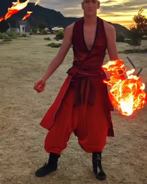 Image similar to [ [ [ [ [ [ squidward ] ] ] ] ] wearing fire nation clothing and practicing firebending outside at susnset