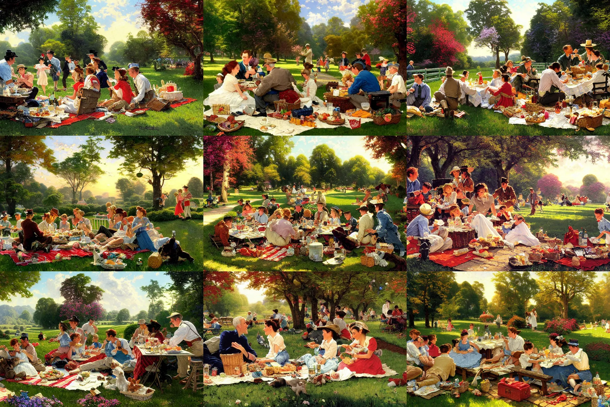 Prompt: The greatest picnic by thomas kinkade and norman rockwell