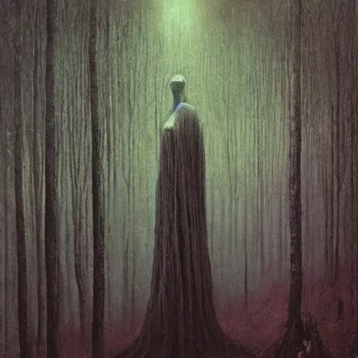 Image similar to “ tall figure in the woods, beksinski, dark ”