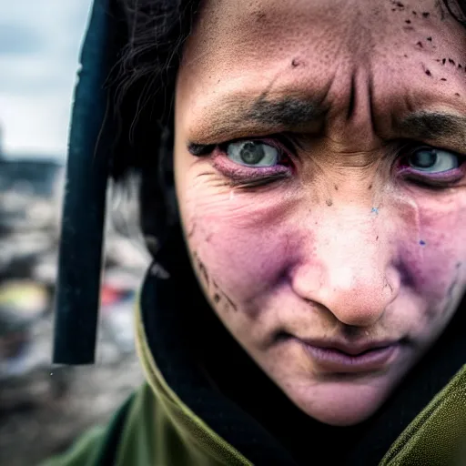 Image similar to photographic portrait of a poor techwear woman holding back tears, a futuristic shanty town burns in the background, closeup, sigma 85mm f/1.4, 4k, depth of field, high resolution, 4k, 8k, hd, full color