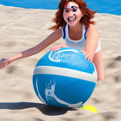 Prompt: anna from frozen playing beach volleyball, ultra realistic, 8 k, highly detailed