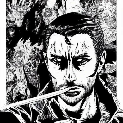 Image similar to pen and ink!!!! attractive 22 year old deus ex!! Gantz Frank Zappa x Ryan Gosling comic book Vagabond!!!! floating magic swordsman!!!! glides through a beautiful!!!!!!! battlefield magic the gathering dramatic esoteric!!!!!! pen and ink!!!!! illustrated in high detail!!!!!!!! graphic novel!!!!!!!!! by Hiroya Oku!!!!!!!!! and Frank Miller!!!!!!!!! published by Cartoon Network Adult Swim!! MTG!!! 2049 award winning!!!! full body portrait!!!!! action exposition manga panel