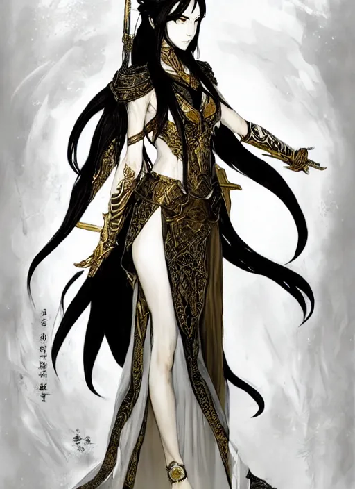 Image similar to Half body portrait of a beautiful elven healer with long straight black hair wearing ornate white and gold attire. In style of Yoji Shinkawa and Hyung-tae Kim, trending on ArtStation, dark fantasy, great composition, concept art, highly detailed, dynamic pose.