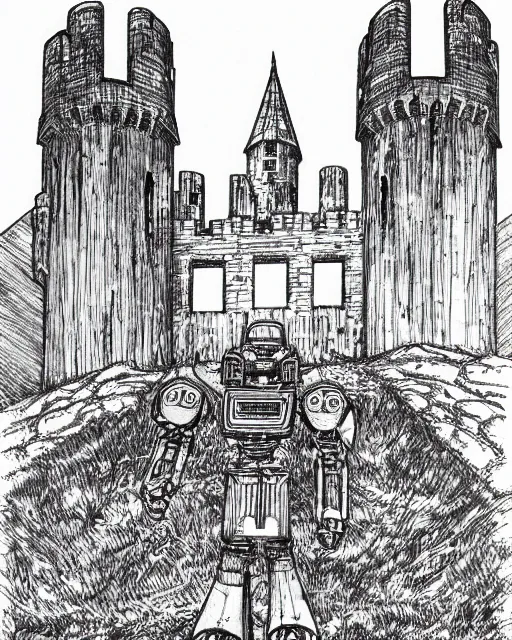 Image similar to an illustration of an autobot that is also a castle, in robot mode, full body, standing in a field on a cloudy day, pen-and-ink illustration, etching, by Russ Nicholson, DAvid A Trampier, larry elmore, 1981, HQ scan, intricate details