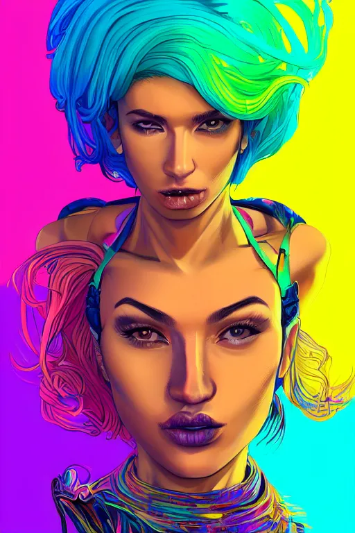 Image similar to a award winning half body portrait of a beautiful woman with stunning eyes in a printed croptop and cargo pants with rainbow colored ombre hairstyle head in motion and hair flying by josan gonzales, outrun, vaporware, shaded flat illustration, digital art, trending on artstation, highly detailed, fine detail, intricate