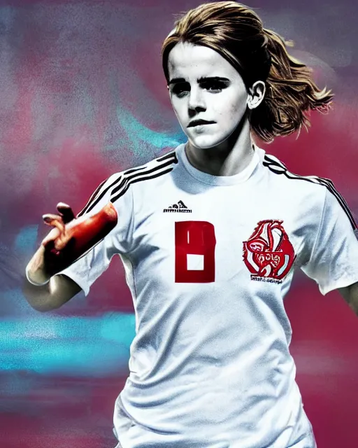 Image similar to a portrait of emma watson as a lokomotiv football player, hyper realistic