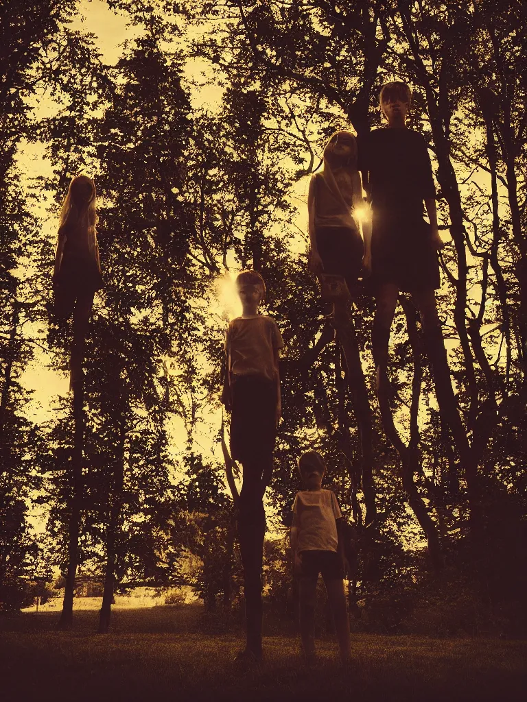 Image similar to a boy and a girl side by side, posing for a picture, a strong light behind them, nostalgic, night, some trees in the background, old polaroid, dramatic reddish light, atmospheric