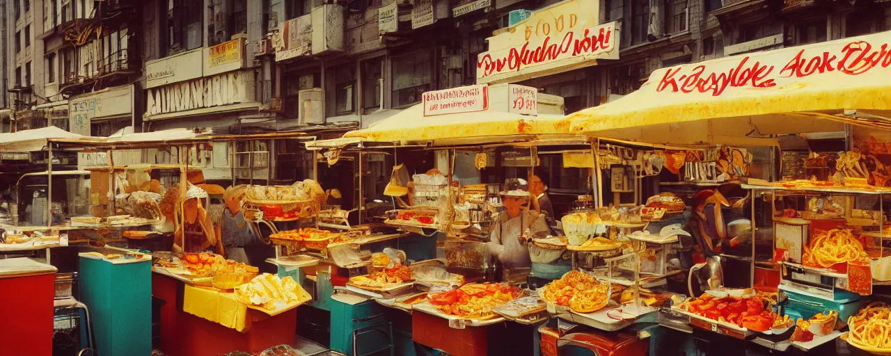 Image similar to food stand featuring spaghetti bowls, in downtown nyc, kodachrome, in the style of wes anderson, retro