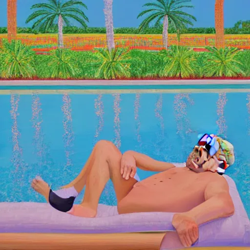 Image similar to donald trump laying by the pool, mar - a - lago, painted by david hockney, oil on canvas, large, opulent, servants, 8 k