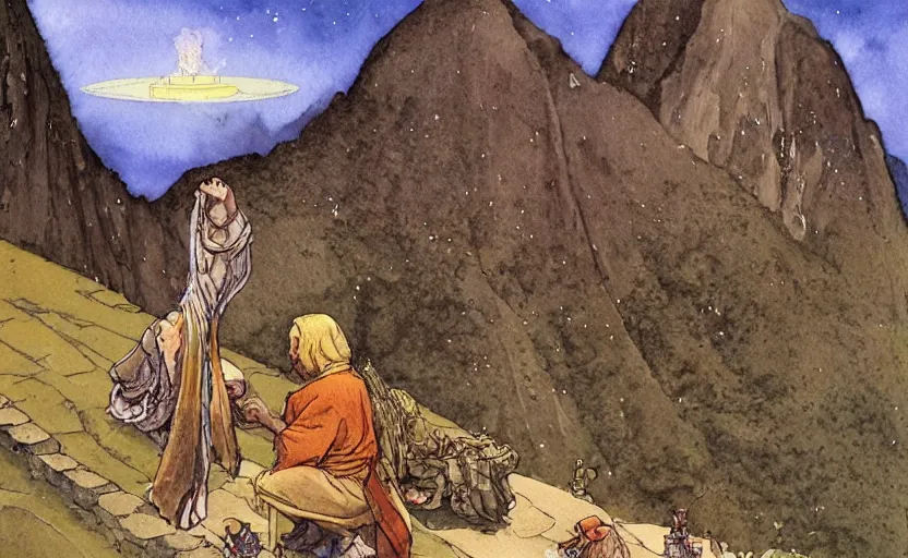 Image similar to a realistic and atmospheric watercolor fantasy concept art of a golden ufo hovering above machu pichu. in the foreground a female medieval monk in grey robes is kneeling with her hands by her sides. by rebecca guay, michael kaluta, charles vess