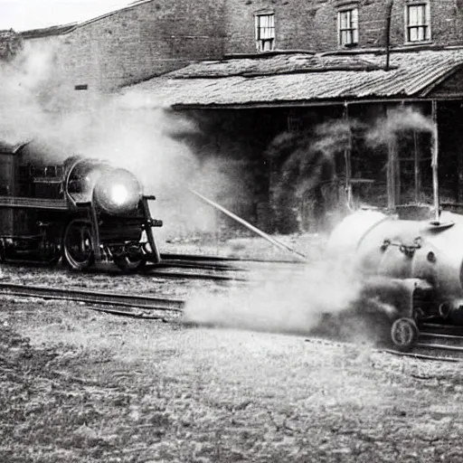 Image similar to old historic photograph of an red ferrari jumping over a steam train in the wild west, 1 7 8 5, dusty, gold rush, western, action photography, epic lighting, style of michael bay