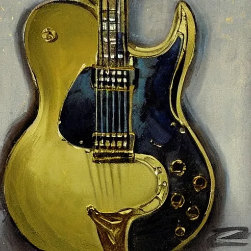 Prompt: a gold and white electric guitar, painting, wet technique, style of anders zorn