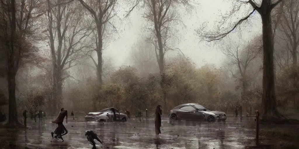 Image similar to tall man beast in a park on a rainy day and smashing cars, cinematic composition, a fantasy digital painting by greg rutkowski and james gurney, trending on artstation, highly detailed, hyperrealistic, realistic, photorealistic, dynamic lighting, highly detailed, cinematic landscape, studio landscape, studio lighting