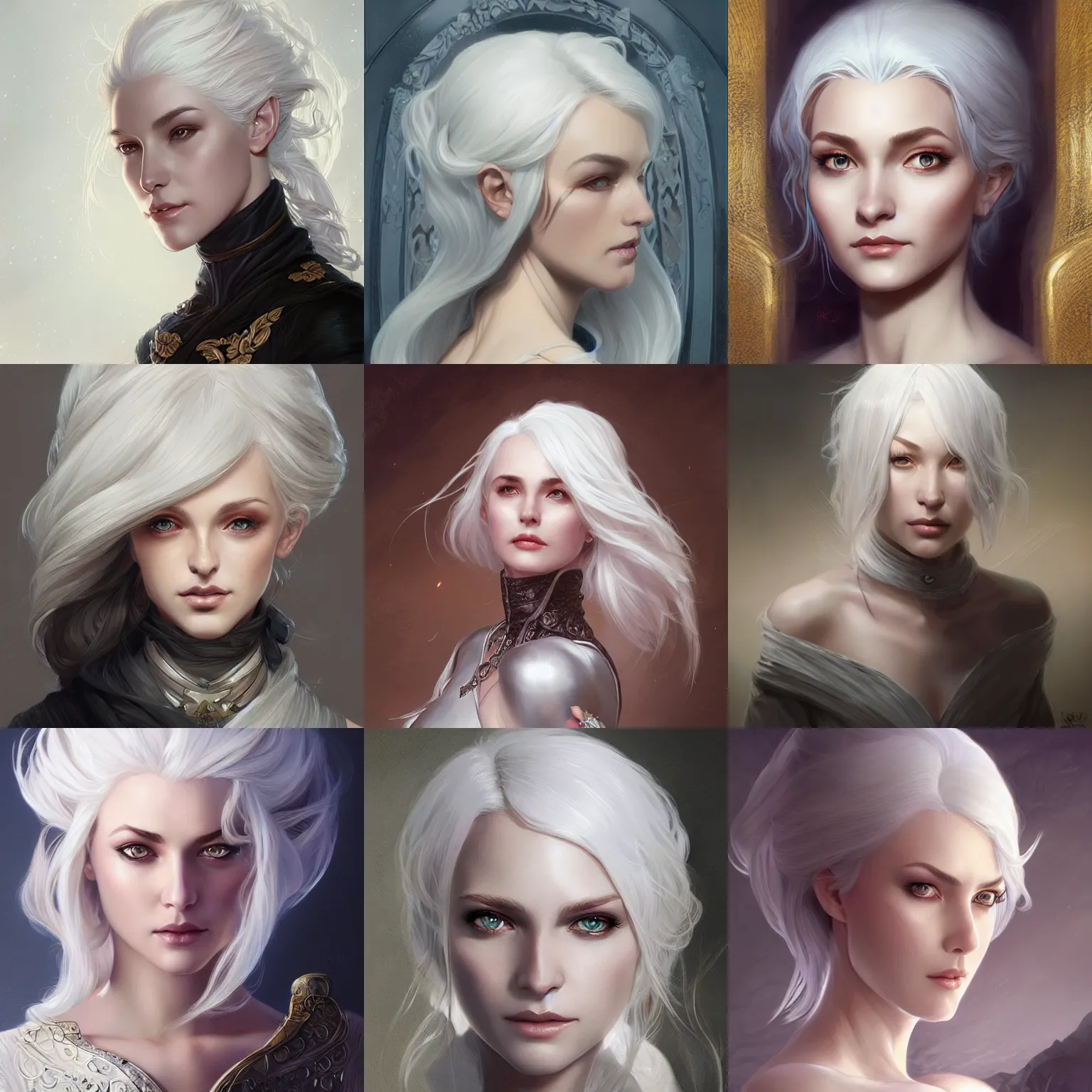 Prompt: kira nightley,elegant, intricate, white hair, headshot, D&D, fantasy, highly detailed, digital painting, artstation, concept art, sharp focus, illustration, art by artgerm and greg rutkowski and alphonse mucha