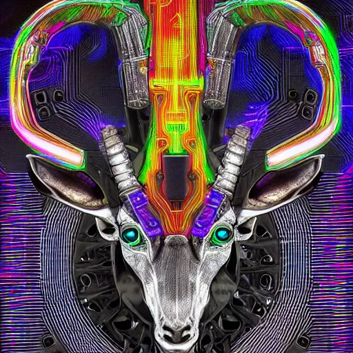 Image similar to cybernetic evil goat head merged with complex circuitry and machinery, multicolored, giger