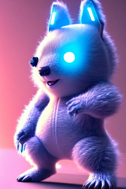 Image similar to high quality 3 d render sci - fi very cute fluffy! wombat!! mecha soldier dancing, highly detailed, unreal engine cinematic smooth, in the style of detective pikachu & blade runner, hannah yata charlie immer, dark blue neon light, low angle, uhd 8 k, sharp focus