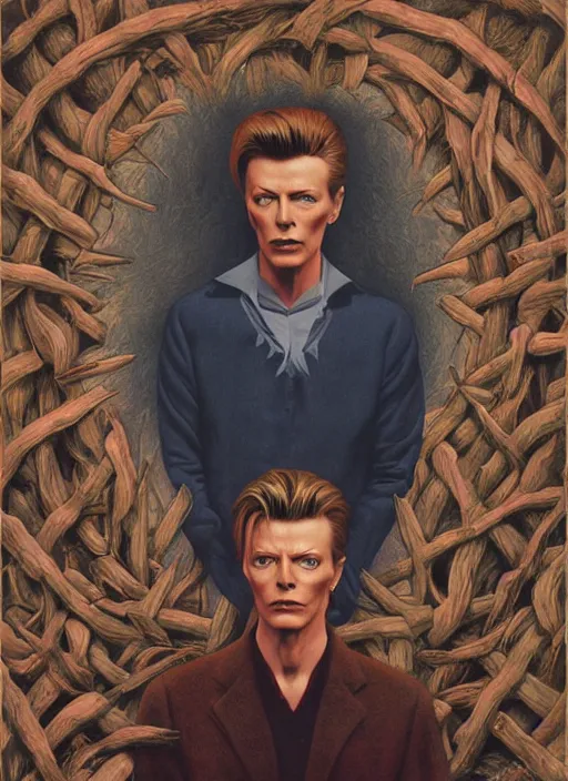 Prompt: twin peaks poster art, portrait of david bowie stands before the labyrinth, his fate for the next two years, by michael whelan, rossetti bouguereau, artgerm, retro, nostalgic, old fashioned