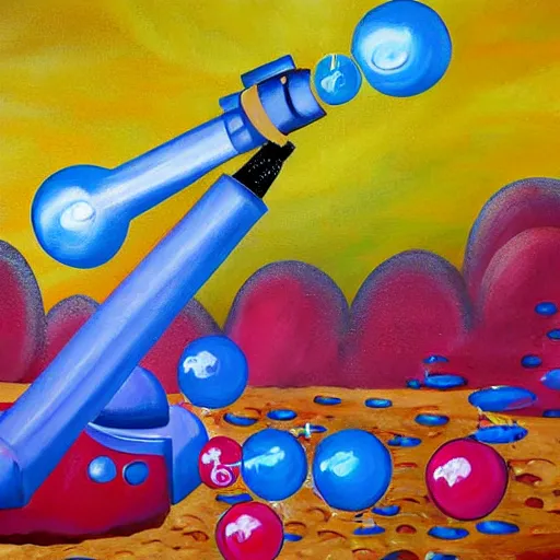 Prompt: colorful painting of an anti-tank gun shooting bubbles