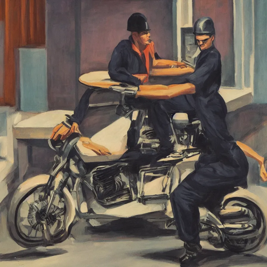 Image similar to a man in a prison jumpsuit on a motorbike, in the style of scott hoarty and edward hopper, 1 9 5 0 s, diner, romantic, cinematic, 4 k,