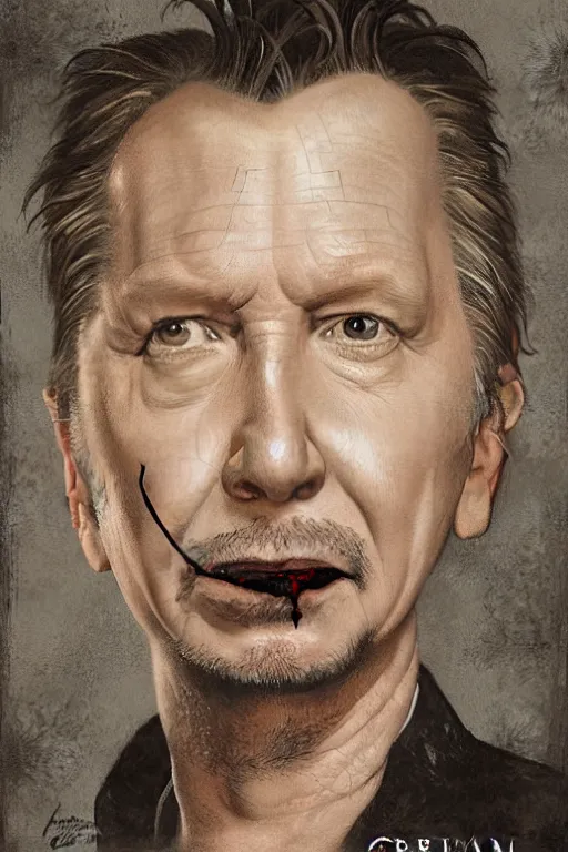 Image similar to portrait of gary oldman as a giant vampire, room of old hut in background, illustration by norman rockwell and greg rutkowski