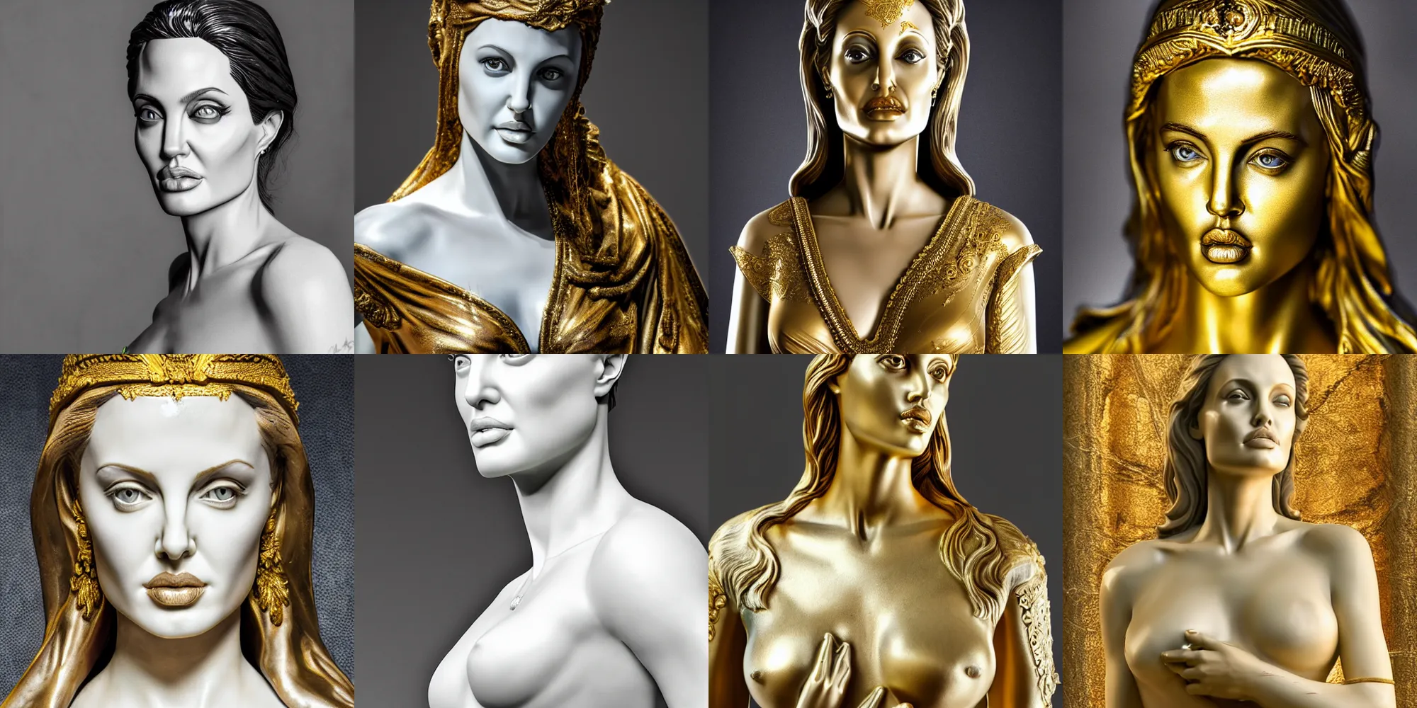 Prompt: marble statue portrait of angelina jolie in shining golden armor, high production value, intricate details, high resolution, hdr, high definition, masterpiece, realistic, ultrarealistic, highly detailed, hd, sharp focus, non blurry, sharp, smooth