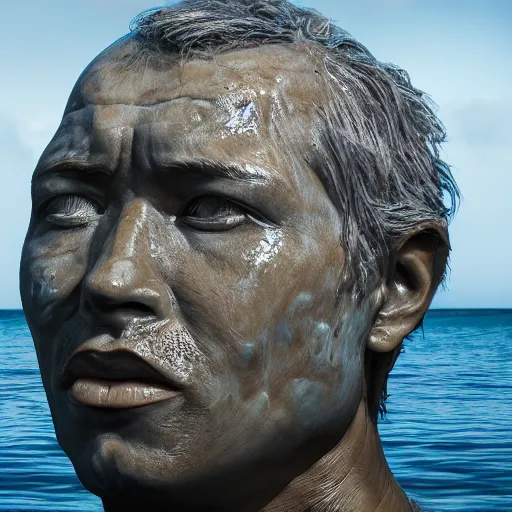 Image similar to a giant sculpture made out of water of a human head, on the ocean water, cinematic, in the style of johnson tsang, long shot, hyper detailed, hyper realistic, ray tracing, 8 k resolution, sharp focus, realistic water, award winning