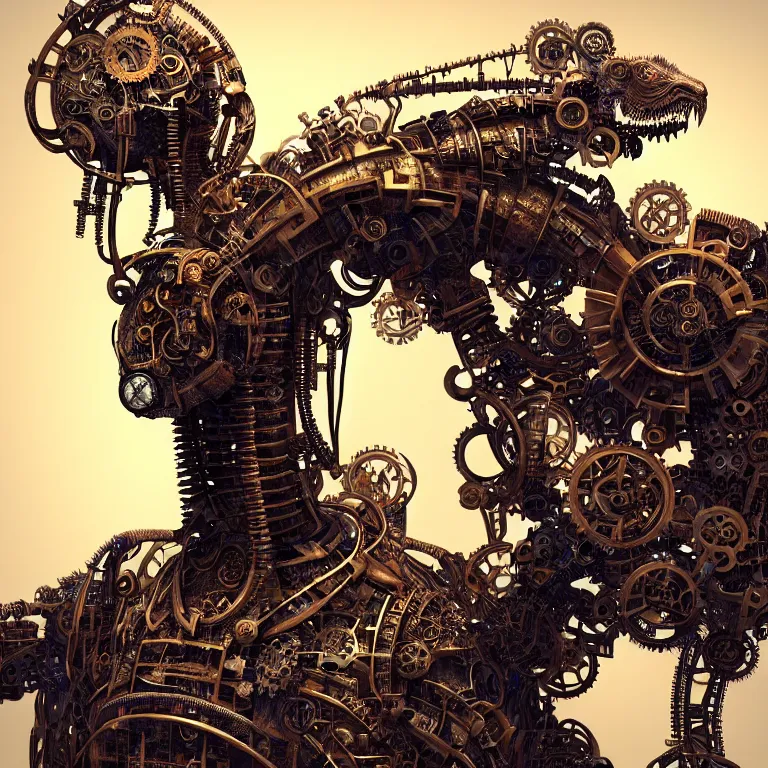 Image similar to hyperrealistic mixed media portrait of a beautiful mechanical steampunk dragon, stunning 3d render inspired art by P. Craig Russell and Barry Windsor-Smith + perfect facial symmetry + dim volumetric lighting, 8k octane beautifully detailed render, post-processing, extremely hyperdetailed, intricate futuristic mechanic parts, epic composition, grim yet sparkling atmosphere, cinematic lighting + masterpiece, trending on artstation