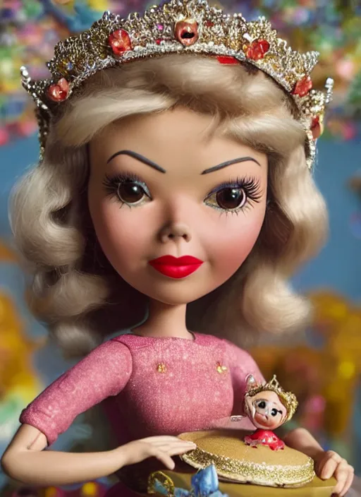 Prompt: closeup face profile portrait of tin toy doris day as a fairytale princess wearing a crown eating cakes, bikini, depth of field, zeiss lens, detailed, symmetrical, centered, fashion photoshoot, by nicoletta ceccoli, mark ryden, lostfish, breathtaking, 8 k resolution, extremely detailed, beautiful, establishing shot, artistic, hyperrealistic, octane render