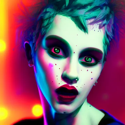 Image similar to punk women portrait made out of paint, short hair, octane render, highly detailed, realistic, tim burton and bob ross comic book art, matte painting, holographic, trending on artstation, cinematic, splashes of neon, sacred geometry in the background, 2 d
