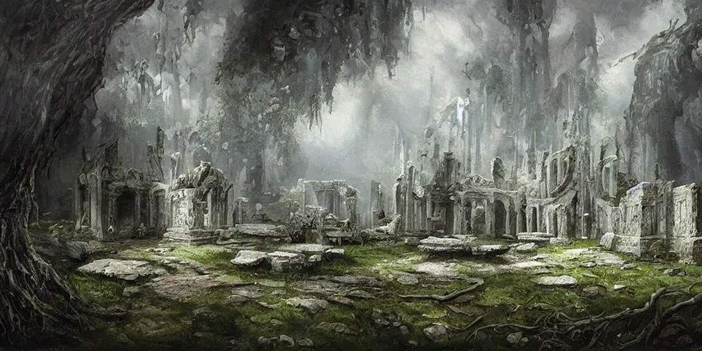 Prompt: painting of white elven ruins hidden in the wilderness, mysterious, fantasy