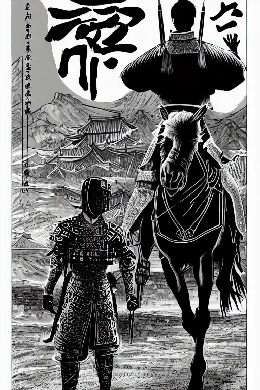 Image similar to A very detailed Chinese knight walking alone with his black horse, very detailed grand Chinese martial arts cityscape, desolate, black & white, silhouette by janus, Brian Bolland, book cover