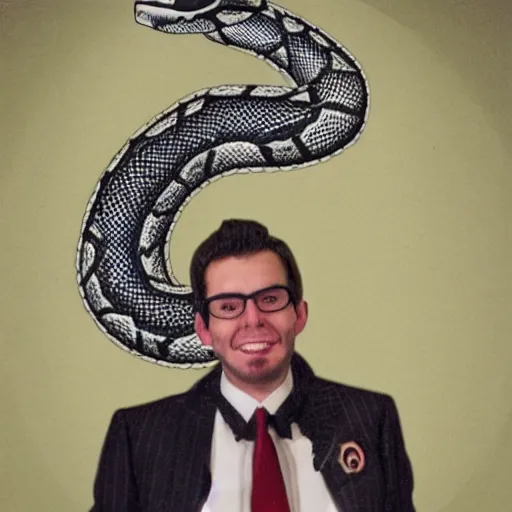 Prompt: photo of a snake - man wearing a suit, sticking its tongue out