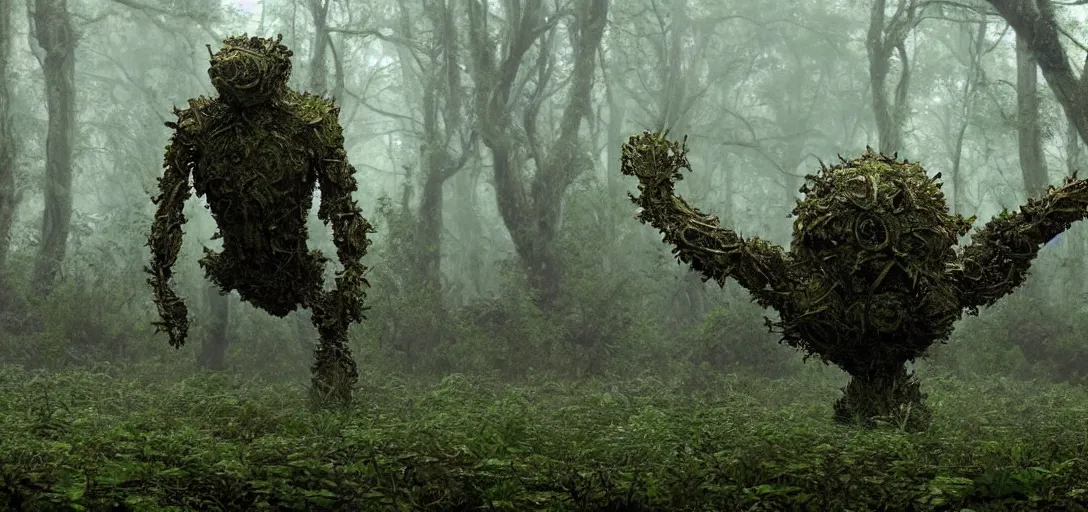 Image similar to a complex organic fractal 3 d metallic symbiotic ceramic humanoid megastructure creature in a swampy lush forest, foggy, cinematic shot, photo still from movie by denis villeneuve