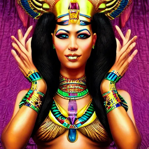 Image similar to fantasy egyptian goddess doing a magic trick, colorful, hyper realistic