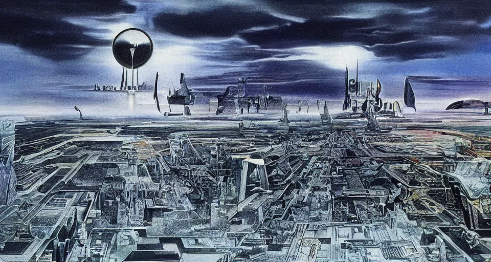 Prompt: view on futuristic city in the horizon, illustration by salvador dali, detailed, sharp, 8 k