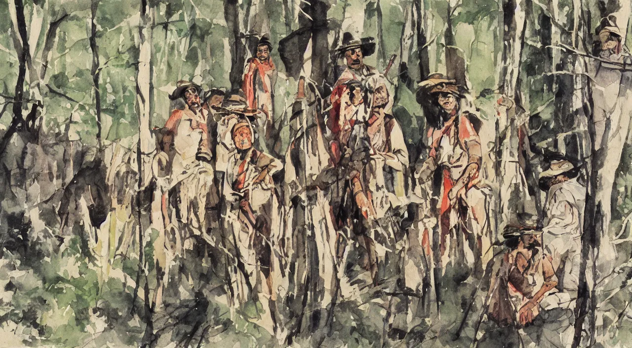 Prompt: close up portrait of Indian natives are waiting, hidden in the woods, watercolour by Hugo Pratt, oil on canvas