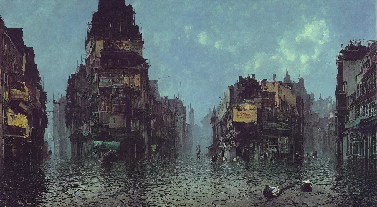 Prompt: very coherent and colorful high contrast!! painting of a flooded empty!! town street by bruce pennington carl spitzweg rene magritte, full - length view, hard black shadows, vivid colors, symmetry, great composition, high detail, cinematic lighting, masterpiece